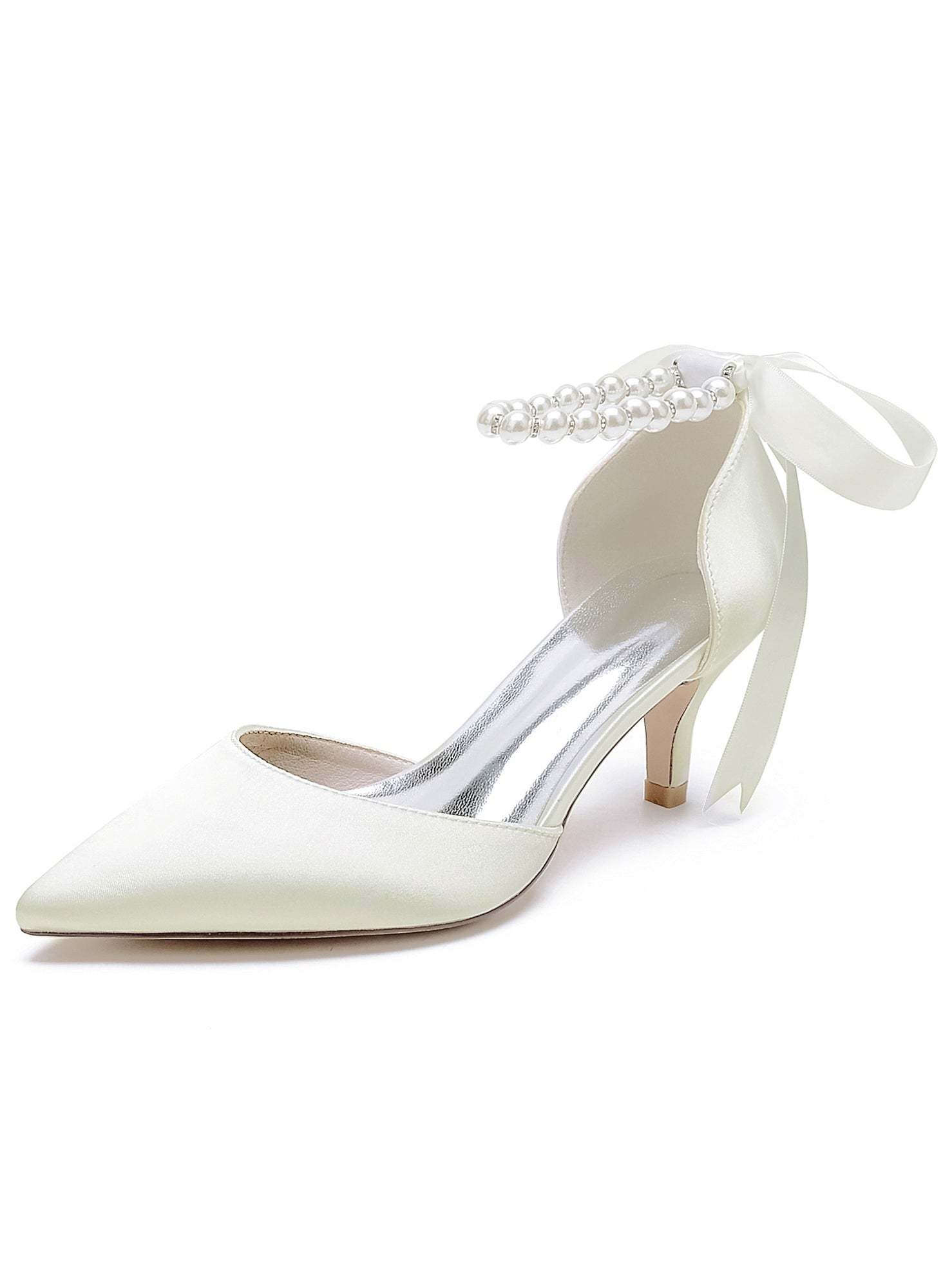 Bridal Shoes for Women with Beaded Mid Heel and Pointed Toe