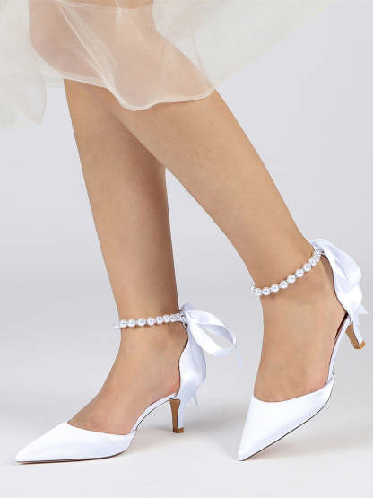 Bridal Shoes for Women with Beaded Mid Heel and Pointed Toe