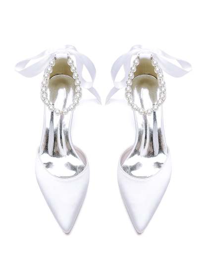 Bridal Shoes for Women with Beaded Mid Heel and Pointed Toe