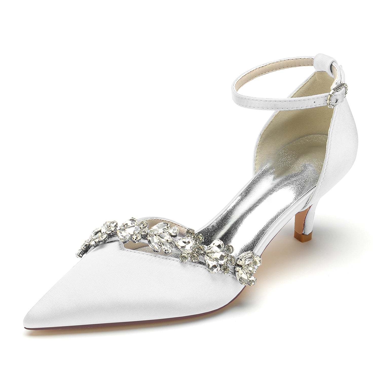 Bridal Shoes for Women with Rhinestone Buckle and Pointed Toe Mid Heel