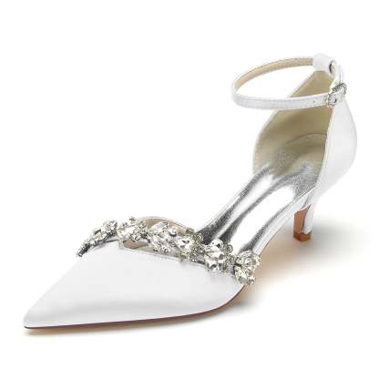Bridal Shoes for Women with Rhinestone Buckle and Pointed Toe Mid Heel