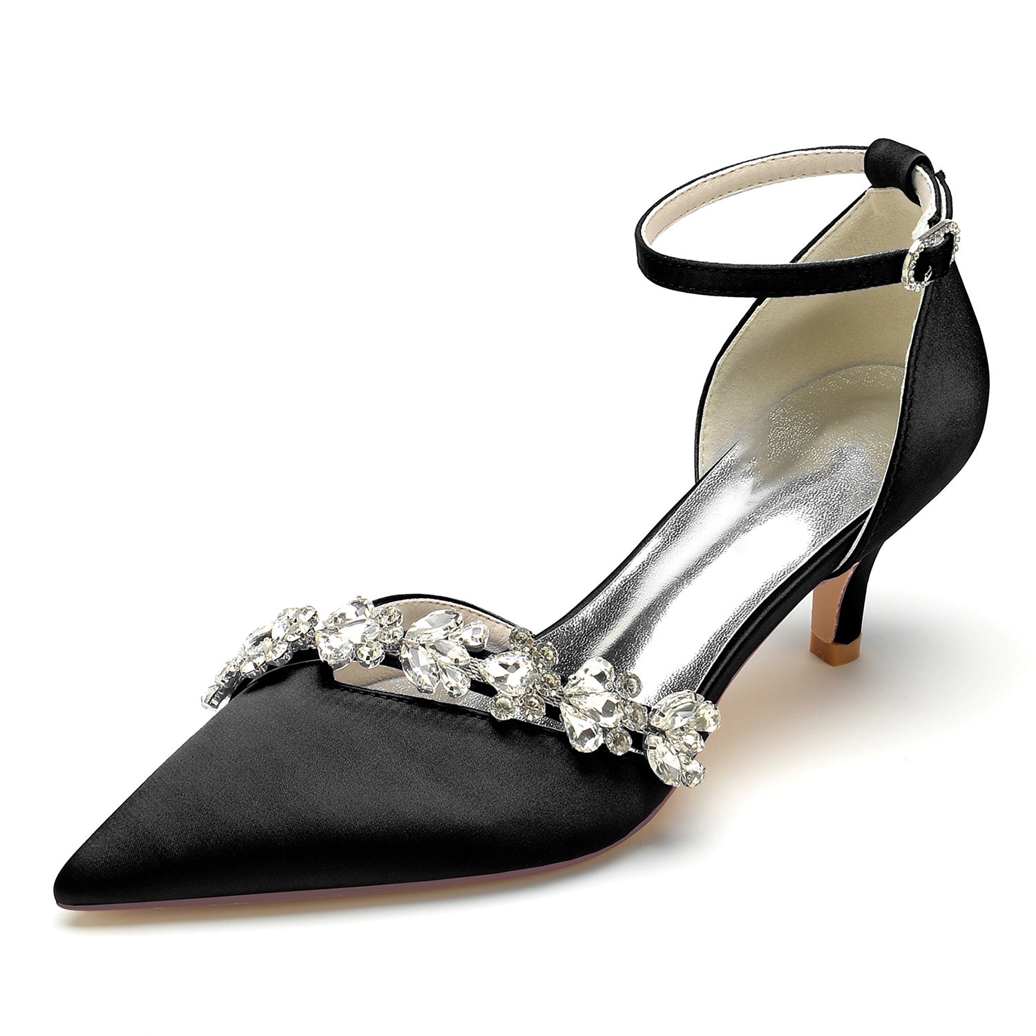 Bridal Shoes for Women with Rhinestone Buckle and Pointed Toe Mid Heel