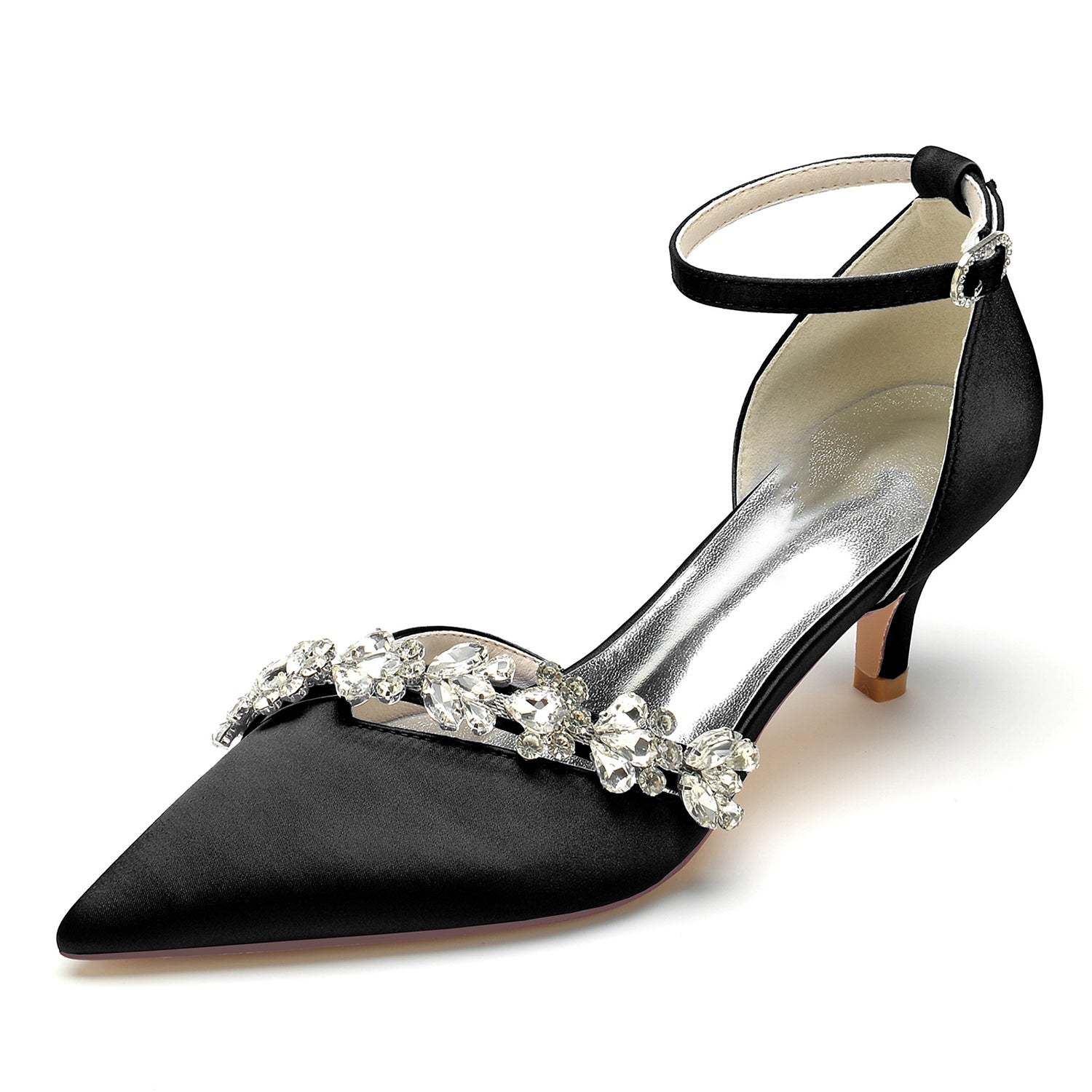 Bridal Shoes for Women with Rhinestone Buckle and Pointed Toe Mid Heel