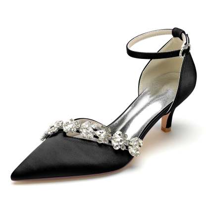 Bridal Shoes for Women with Rhinestone Buckle and Pointed Toe Mid Heel