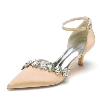 Bridal Shoes for Women with Rhinestone Buckle and Pointed Toe Mid Heel