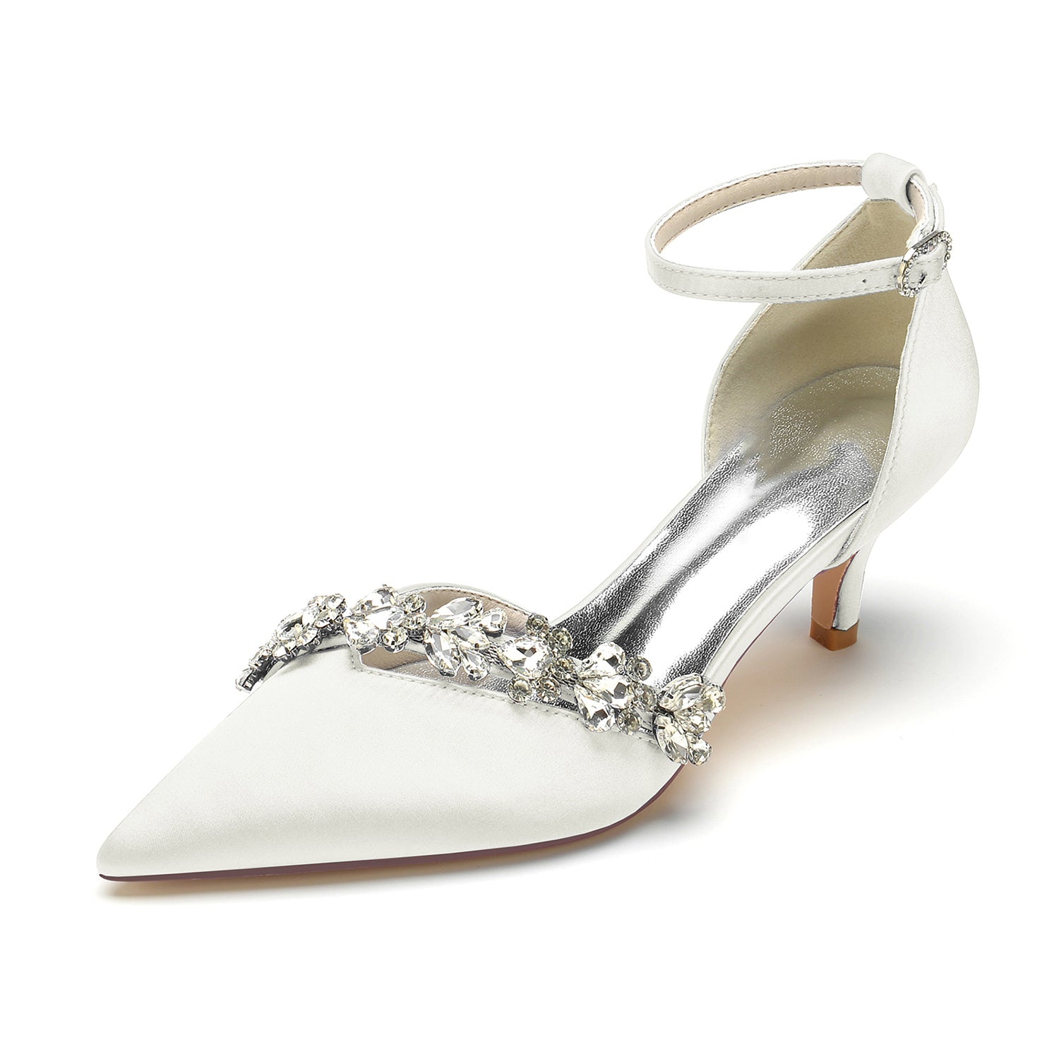 Bridal Shoes for Women with Rhinestone Buckle and Pointed Toe Mid Heel
