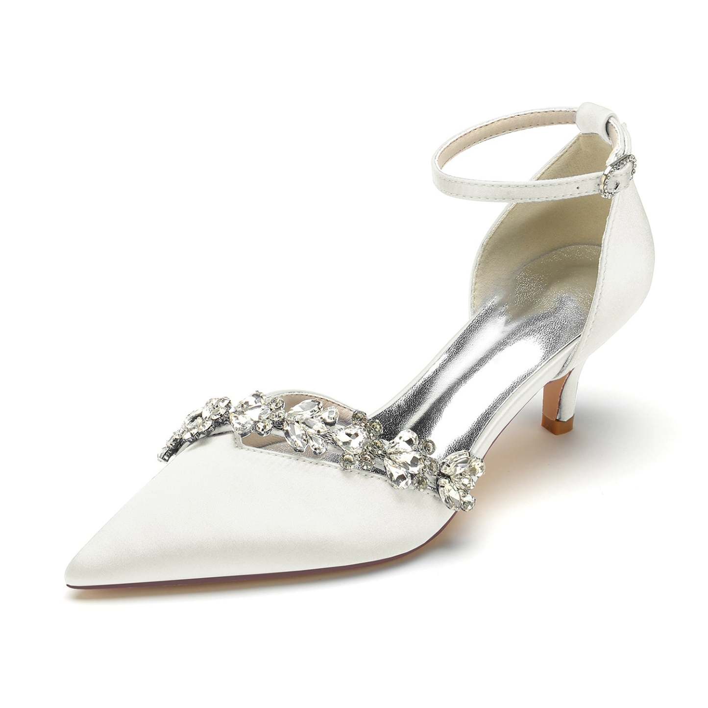 Bridal Shoes for Women with Rhinestone Buckle and Pointed Toe Mid Heel