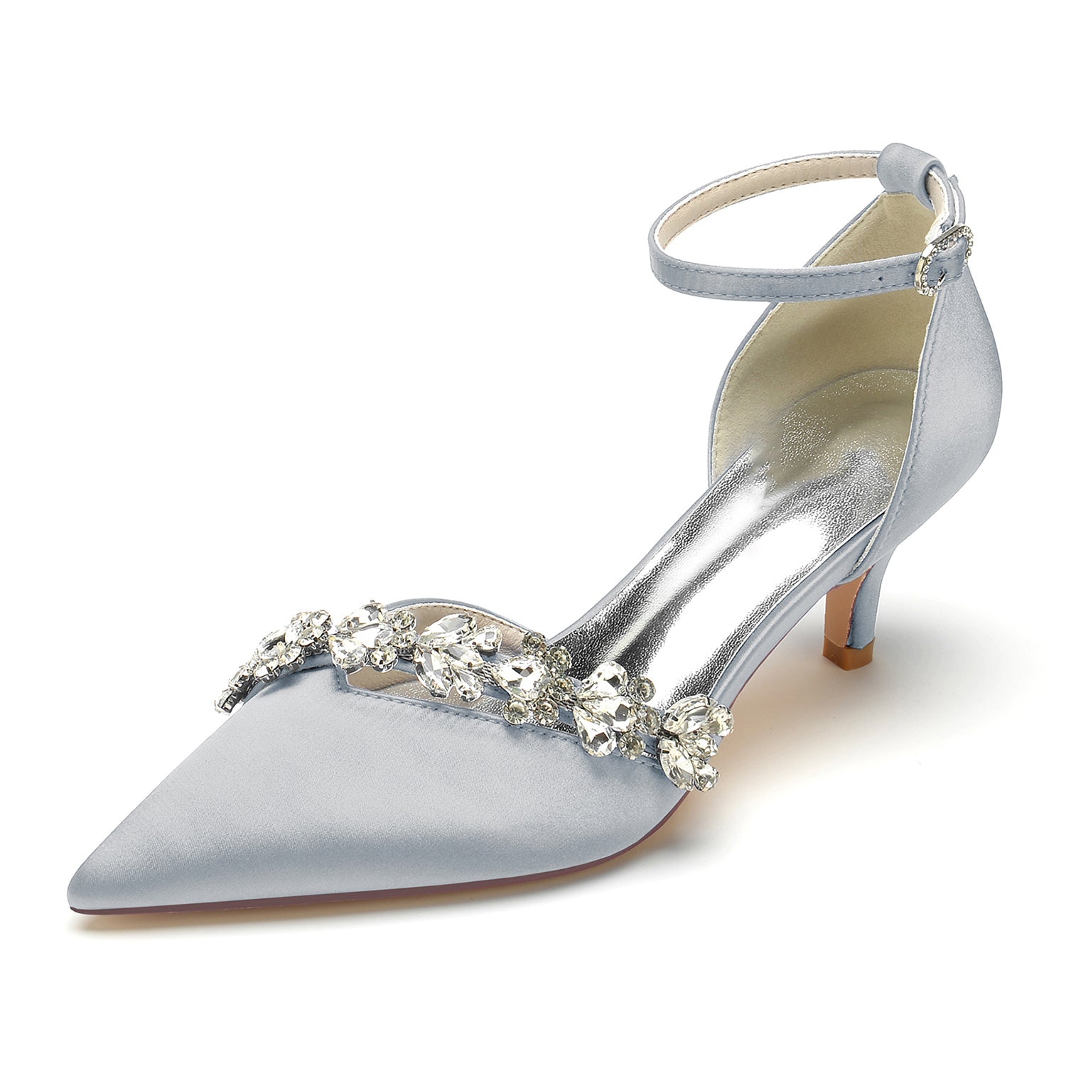 Bridal Shoes for Women with Rhinestone Buckle and Pointed Toe Mid Heel