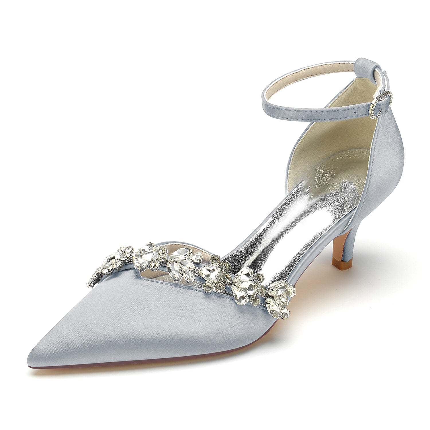 Bridal Shoes for Women with Rhinestone Buckle and Pointed Toe Mid Heel