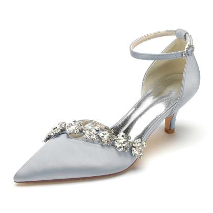 Bridal Shoes for Women with Rhinestone Buckle and Pointed Toe Mid Heel