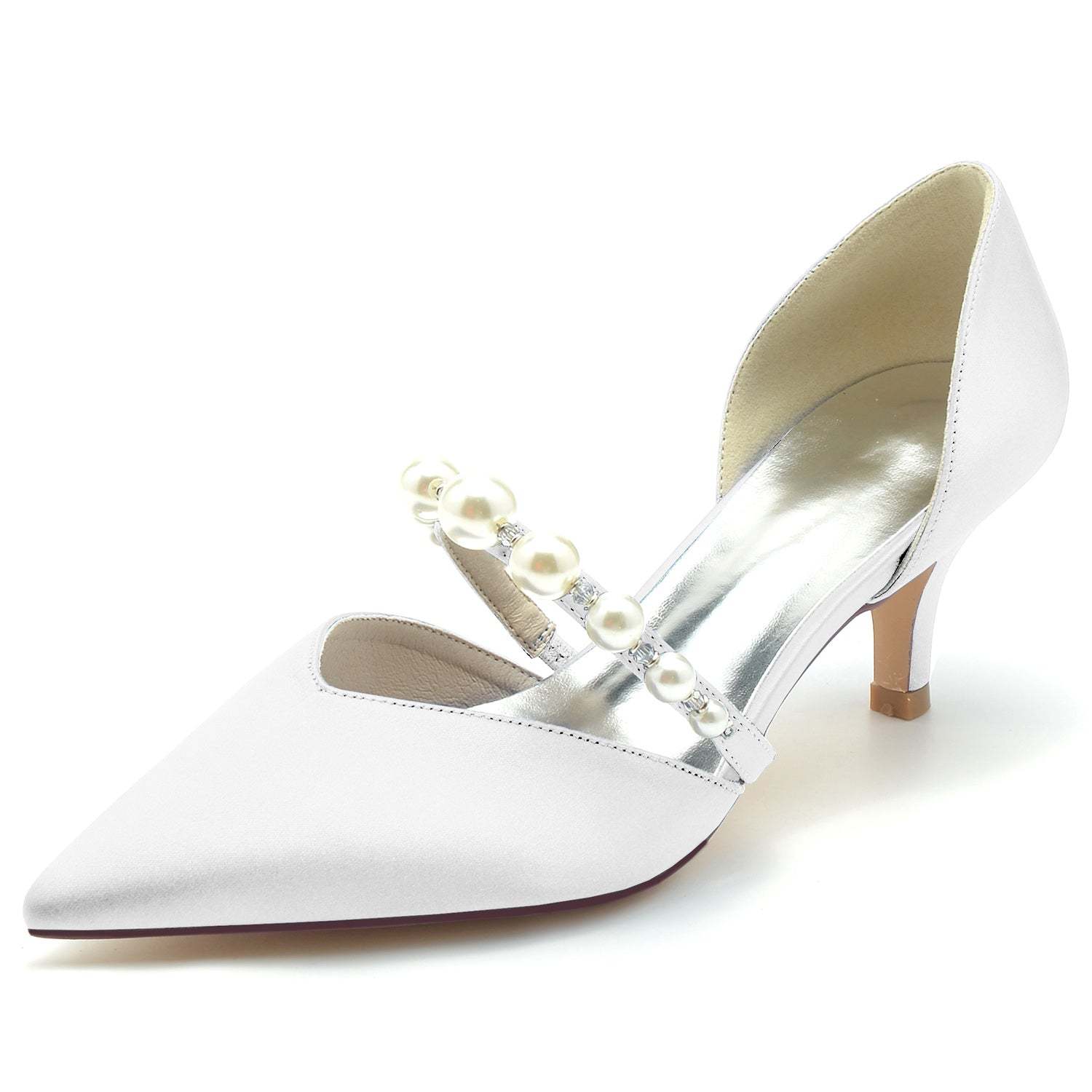 Bridal Silk Satin Pearl Mid Heel Closed Toe Shoes for Women