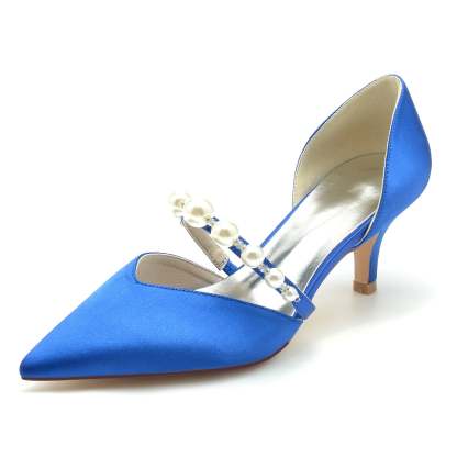 Bridal Silk Satin Pearl Mid Heel Closed Toe Shoes for Women