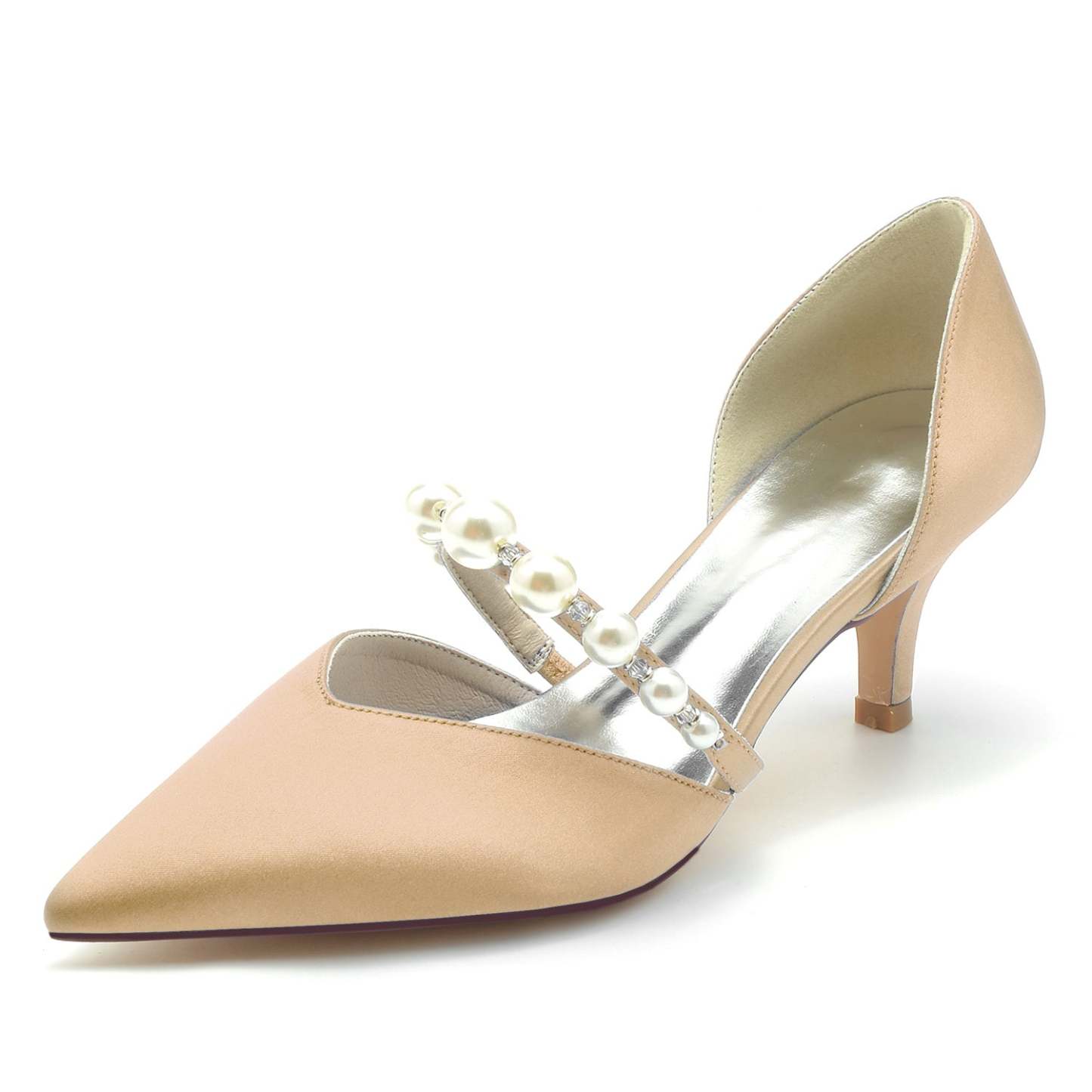 Bridal Silk Satin Pearl Mid Heel Closed Toe Shoes for Women
