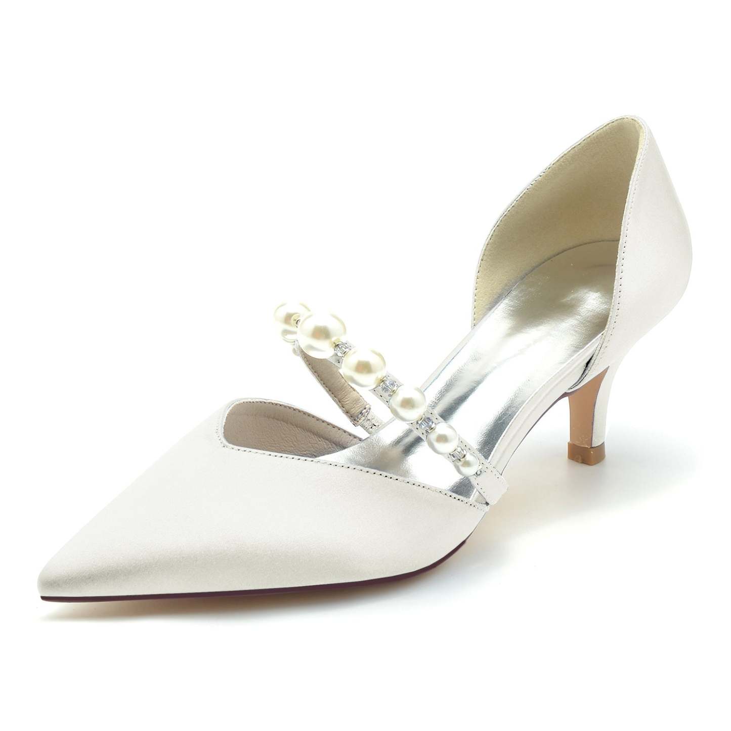 Bridal Silk Satin Pearl Mid Heel Closed Toe Shoes for Women