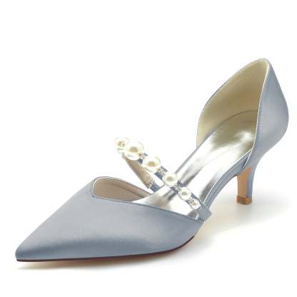 Bridal Silk Satin Pearl Mid Heel Closed Toe Shoes for Women