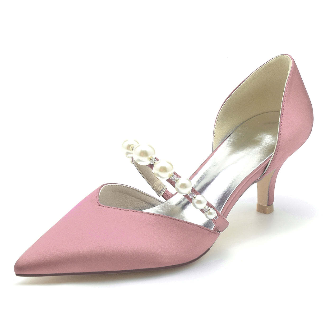 Bridal Silk Satin Pearl Mid Heel Closed Toe Shoes for Women