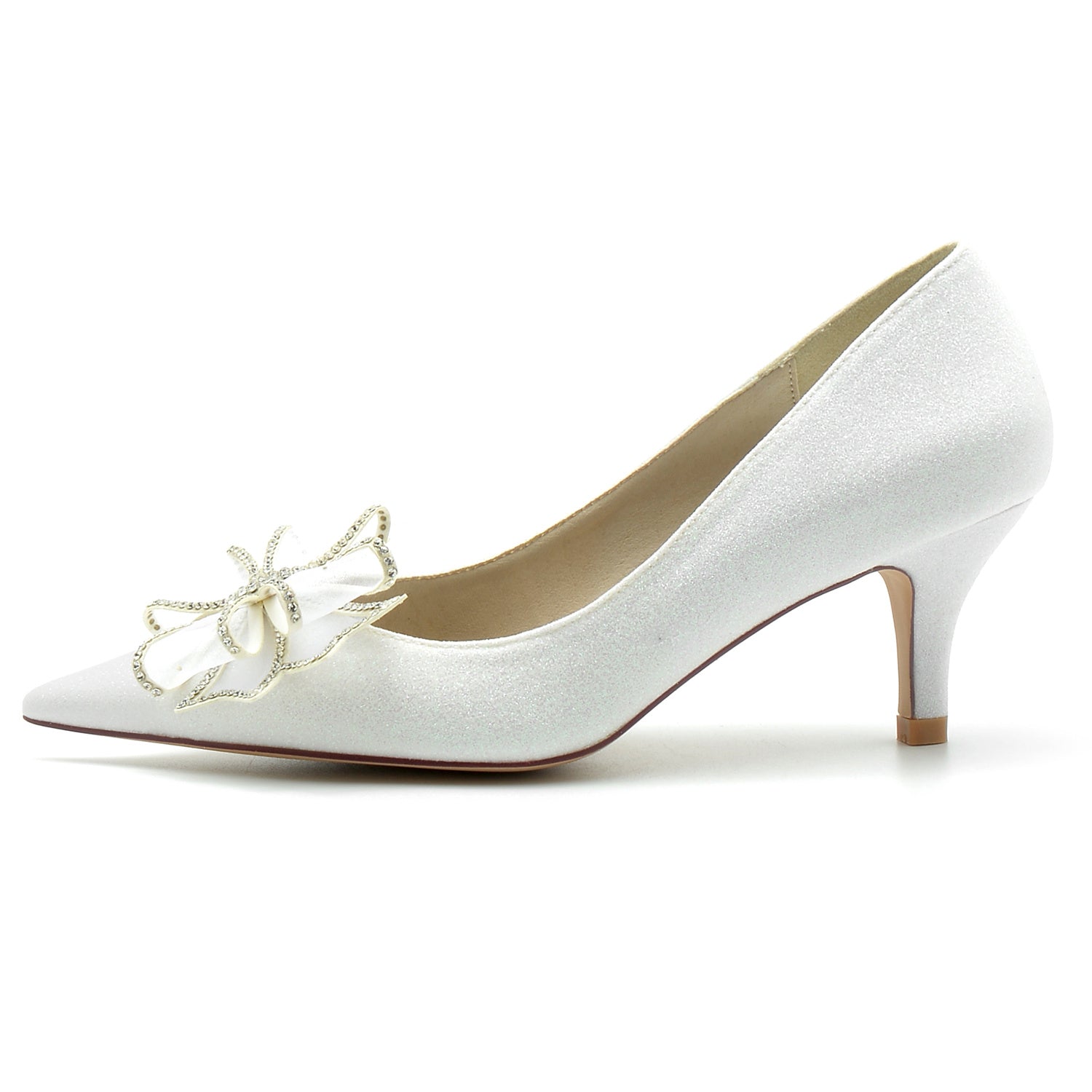 Bridal Shoes for Women with Glitter Bow and Pointed Toe in Mid Heel