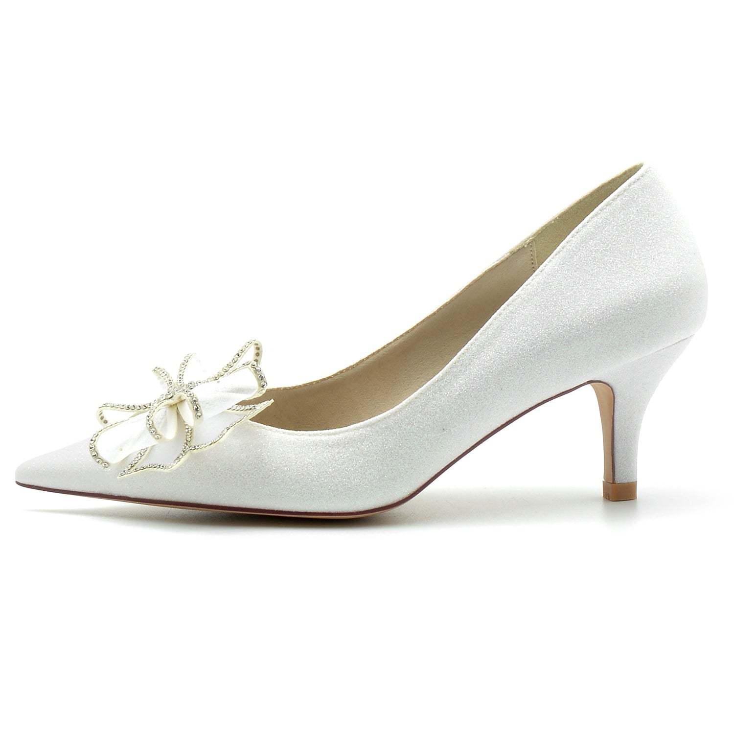 Bridal Shoes for Women with Glitter Bow and Pointed Toe in Mid Heel