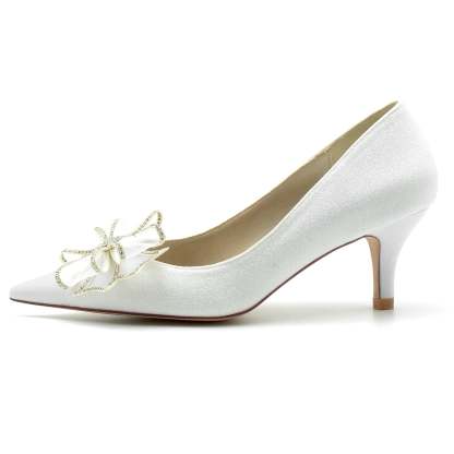 Bridal Shoes for Women with Glitter Bow and Pointed Toe in Mid Heel