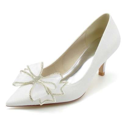 Bridal Shoes for Women with Glitter Bow and Pointed Toe in Mid Heel