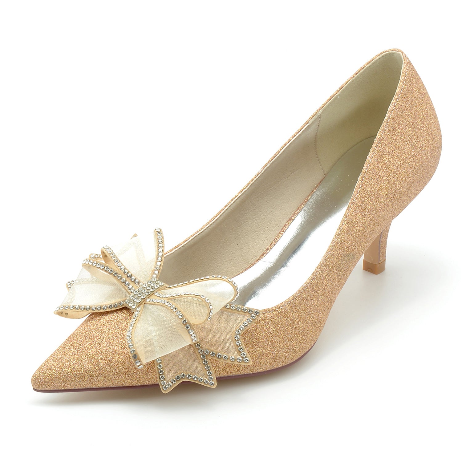 Bridal Shoes for Women with Glitter Bow and Pointed Toe in Mid Heel