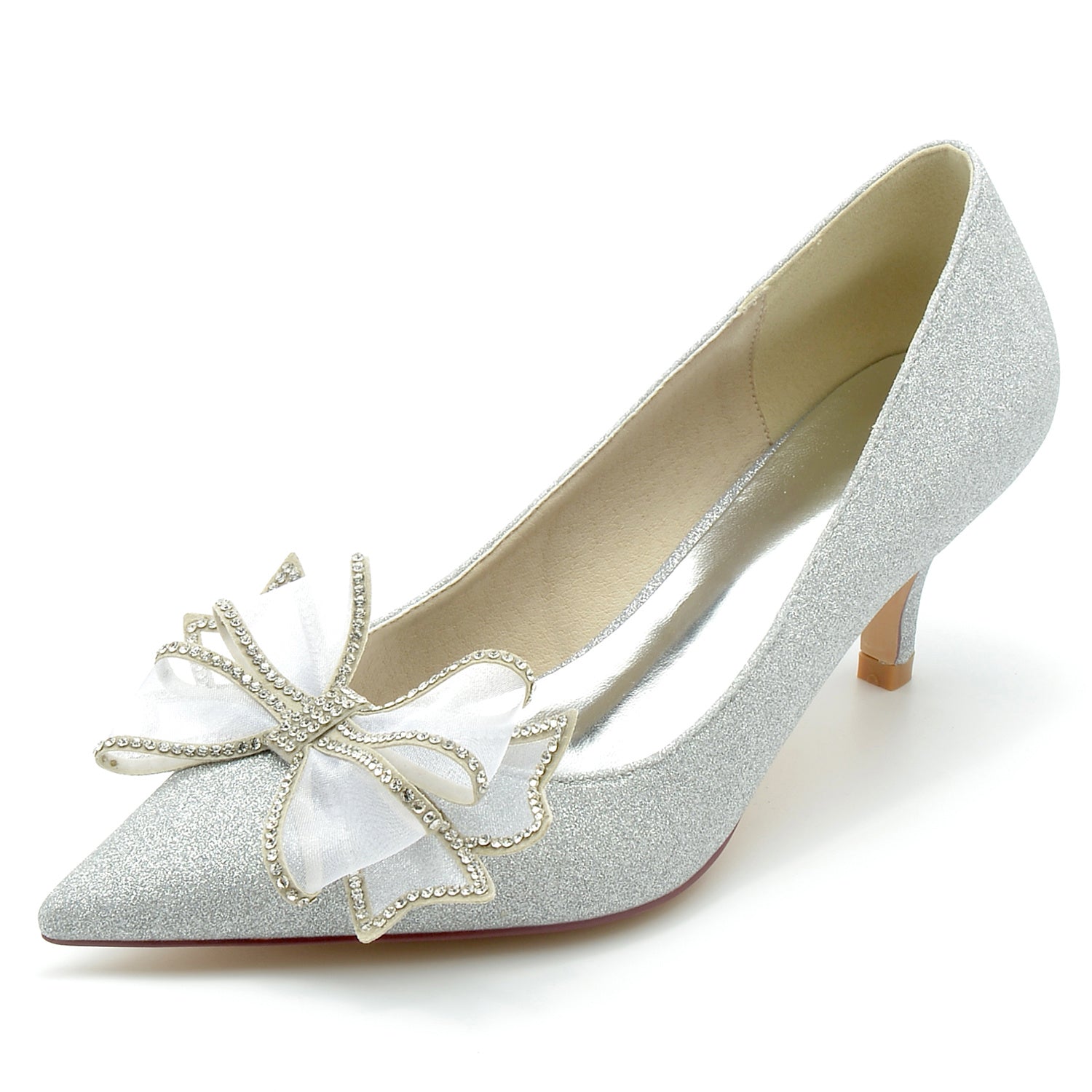 Bridal Shoes for Women with Glitter Bow and Pointed Toe in Mid Heel