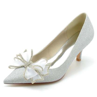 Bridal Shoes for Women with Glitter Bow and Pointed Toe in Mid Heel