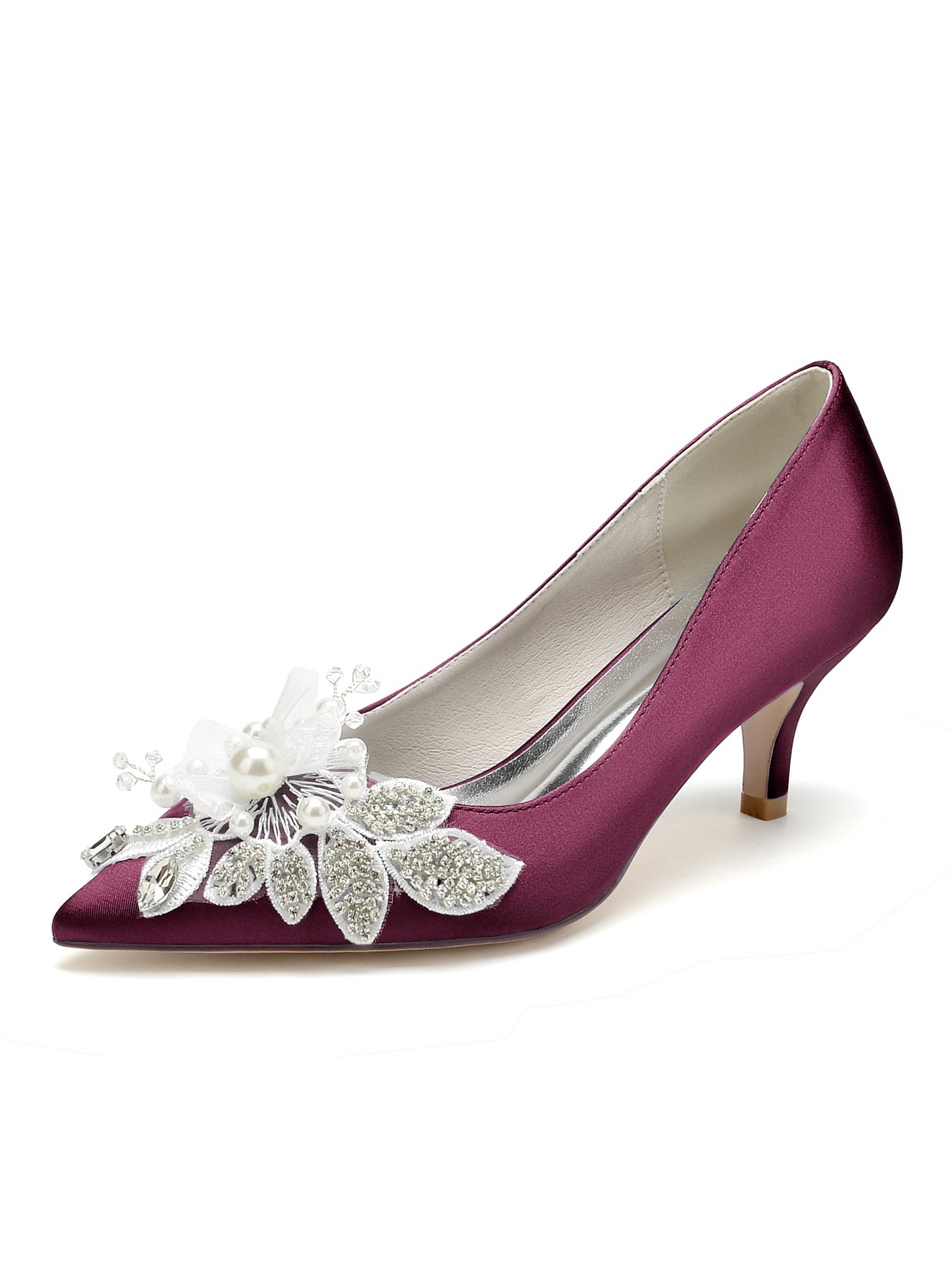 Bridal Shoes for Women with Applique and Pointed Toe in Mid Heel