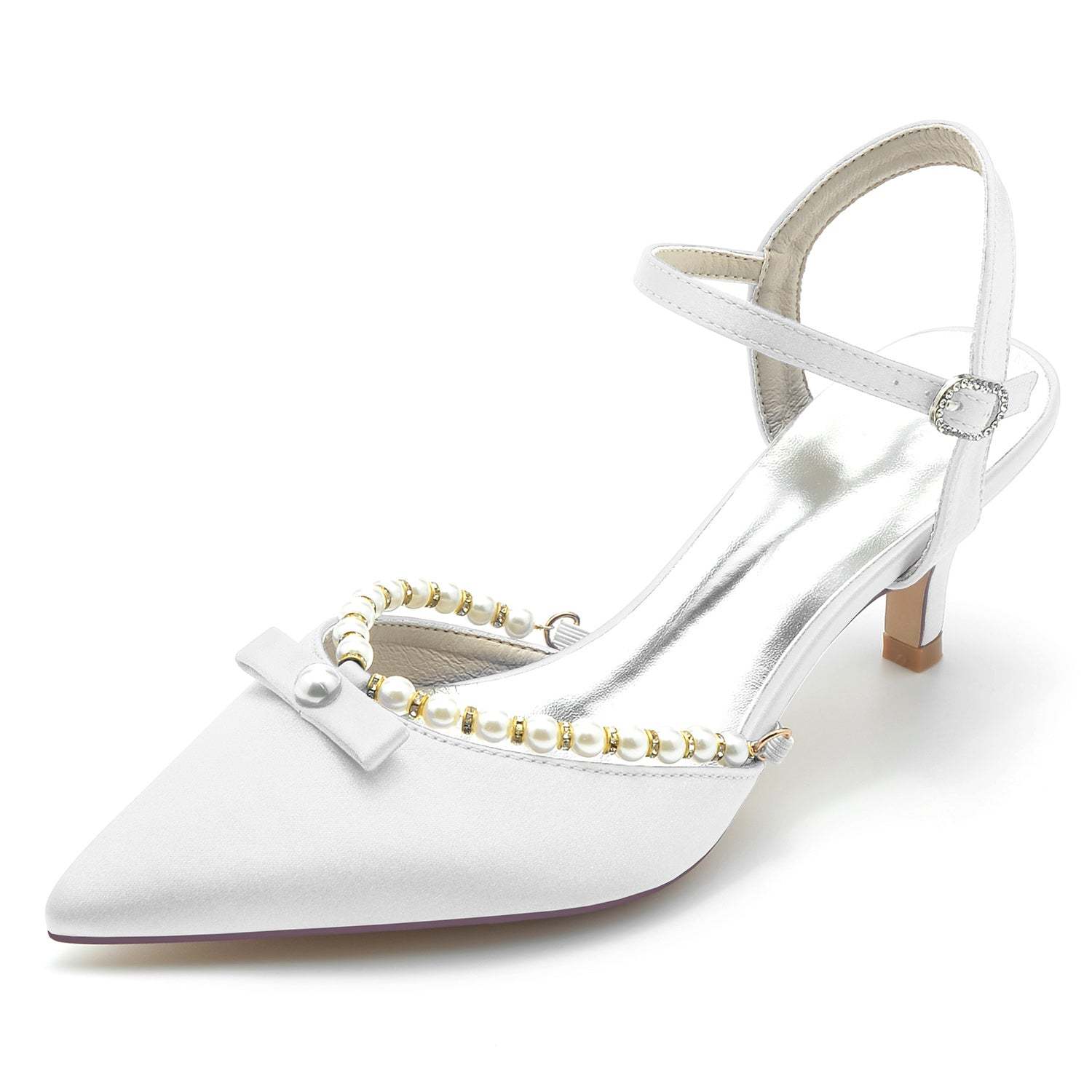 White Pearl Bridal Shoes for Women with Pointed Toe and Mid Buckle