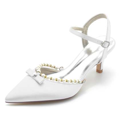 White Pearl Bridal Shoes for Women with Pointed Toe and Mid Buckle