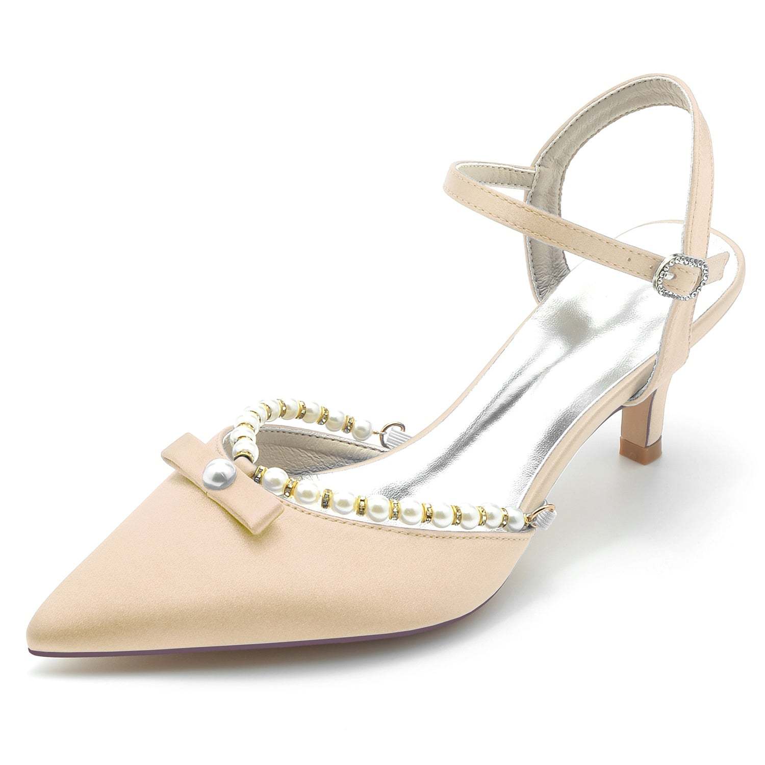 White Pearl Bridal Shoes for Women with Pointed Toe and Mid Buckle
