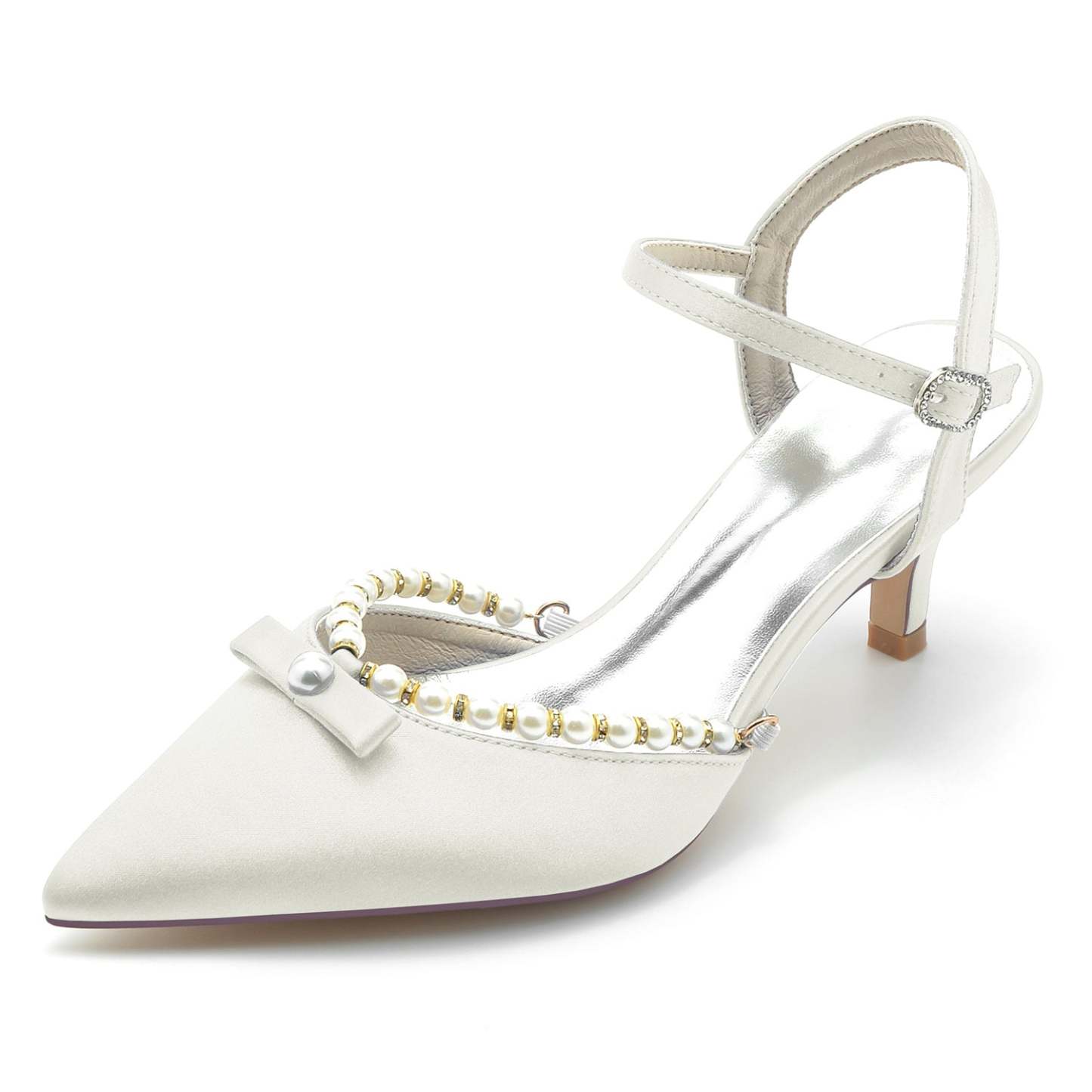 White Pearl Bridal Shoes for Women with Pointed Toe and Mid Buckle