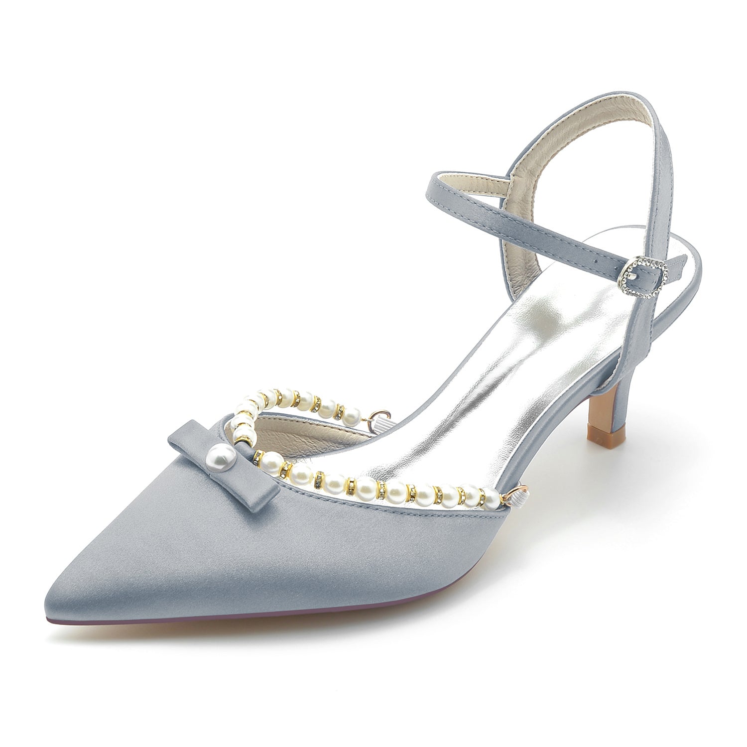 White Pearl Bridal Shoes for Women with Pointed Toe and Mid Buckle