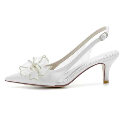 Bridal Shoes for Women with Silk Satin Bow Mid Heel and Pointed Toe Buckle