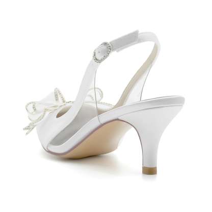 Bridal Shoes for Women with Silk Satin Bow Mid Heel and Pointed Toe Buckle