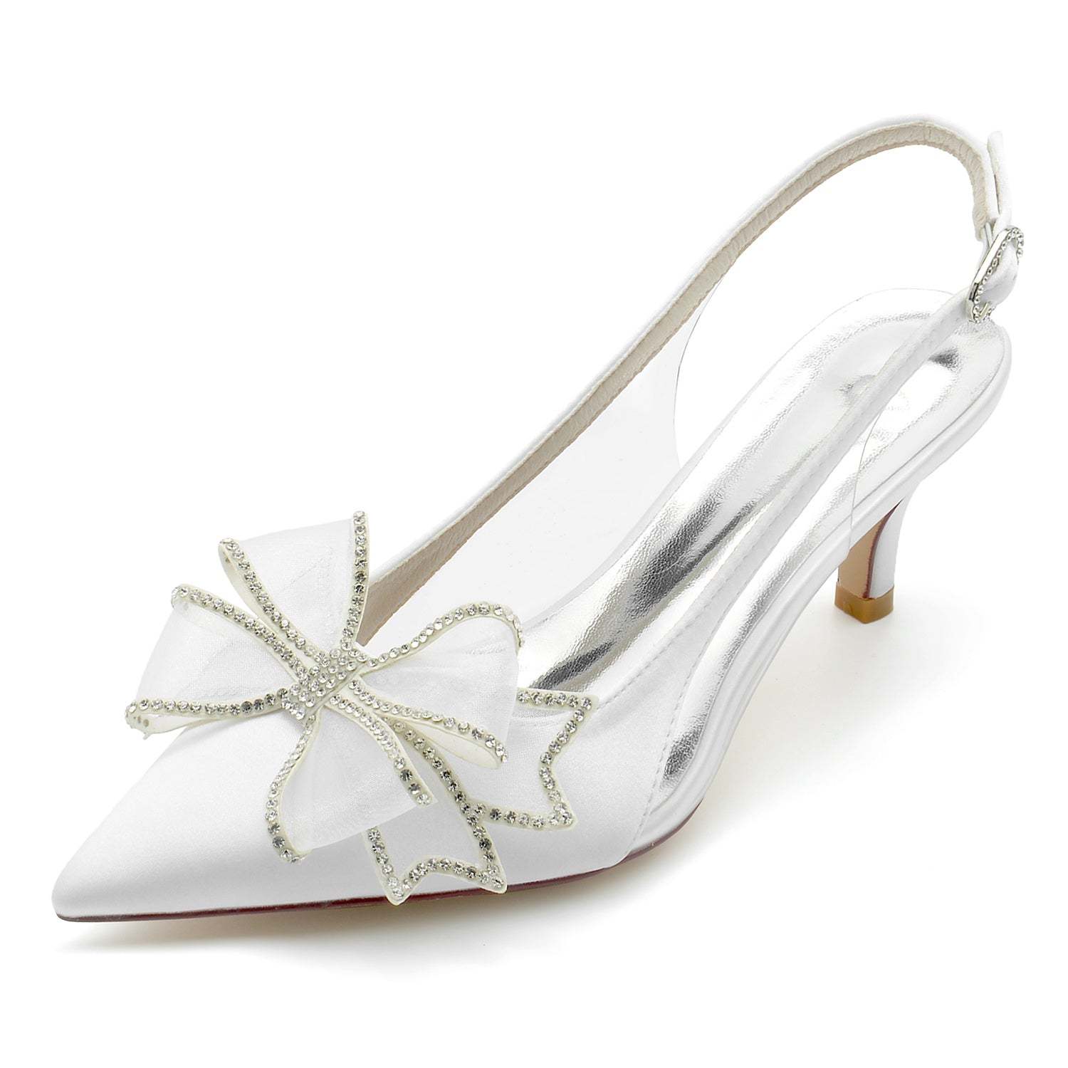 Bridal Shoes for Women with Silk Satin Bow Mid Heel and Pointed Toe Buckle