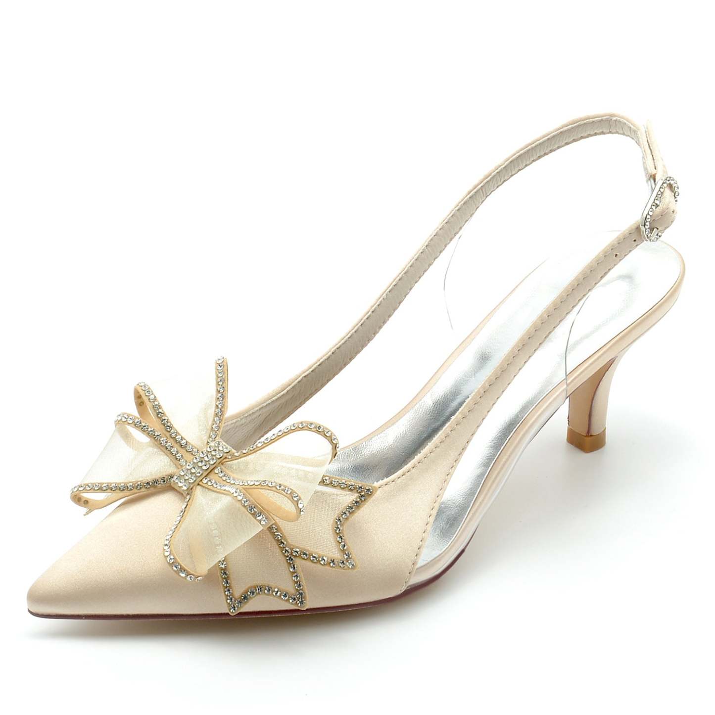 Bridal Shoes for Women with Silk Satin Bow Mid Heel and Pointed Toe Buckle
