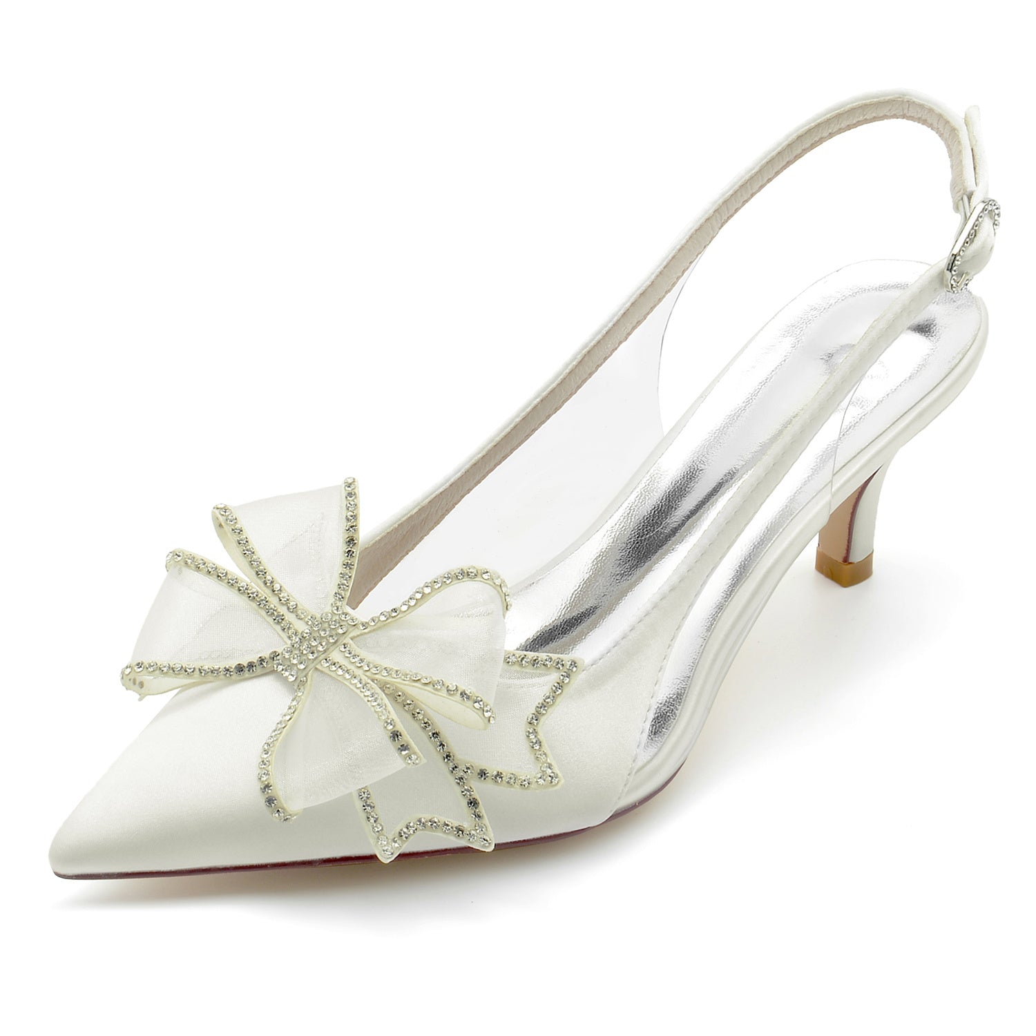 Bridal Shoes for Women with Silk Satin Bow Mid Heel and Pointed Toe Buckle