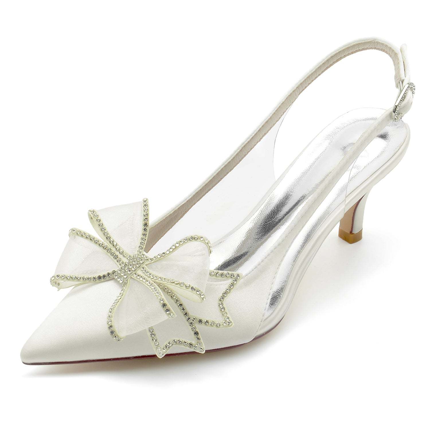 Bridal Shoes for Women with Silk Satin Bow Mid Heel and Pointed Toe Buckle