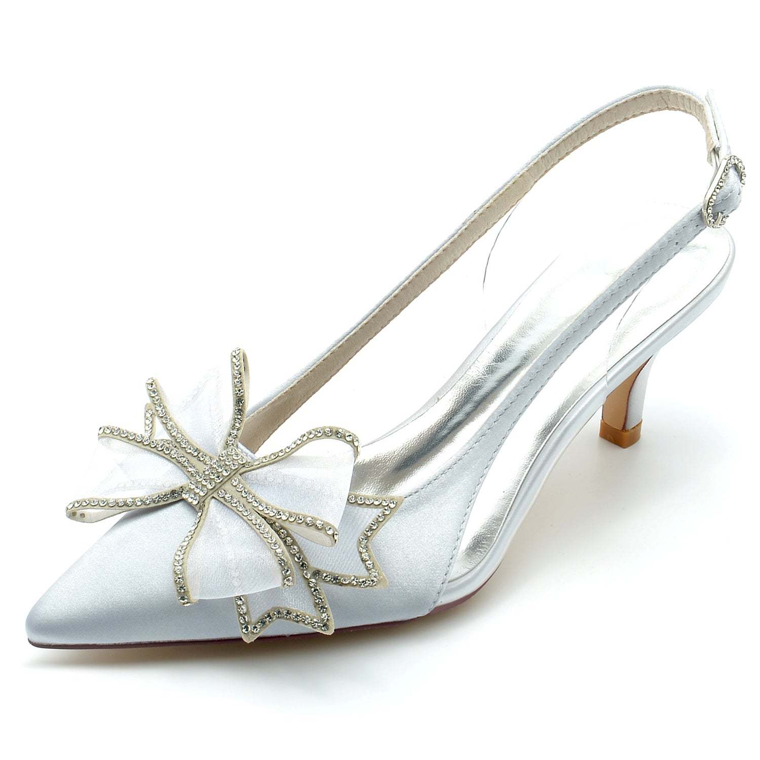 Bridal Shoes for Women with Silk Satin Bow Mid Heel and Pointed Toe Buckle