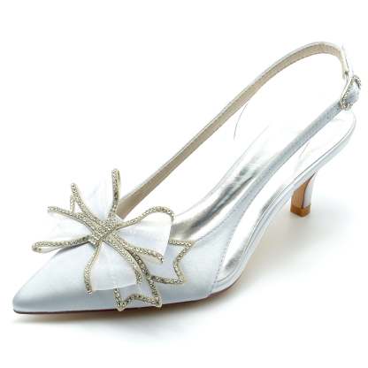 Bridal Shoes for Women with Silk Satin Bow Mid Heel and Pointed Toe Buckle