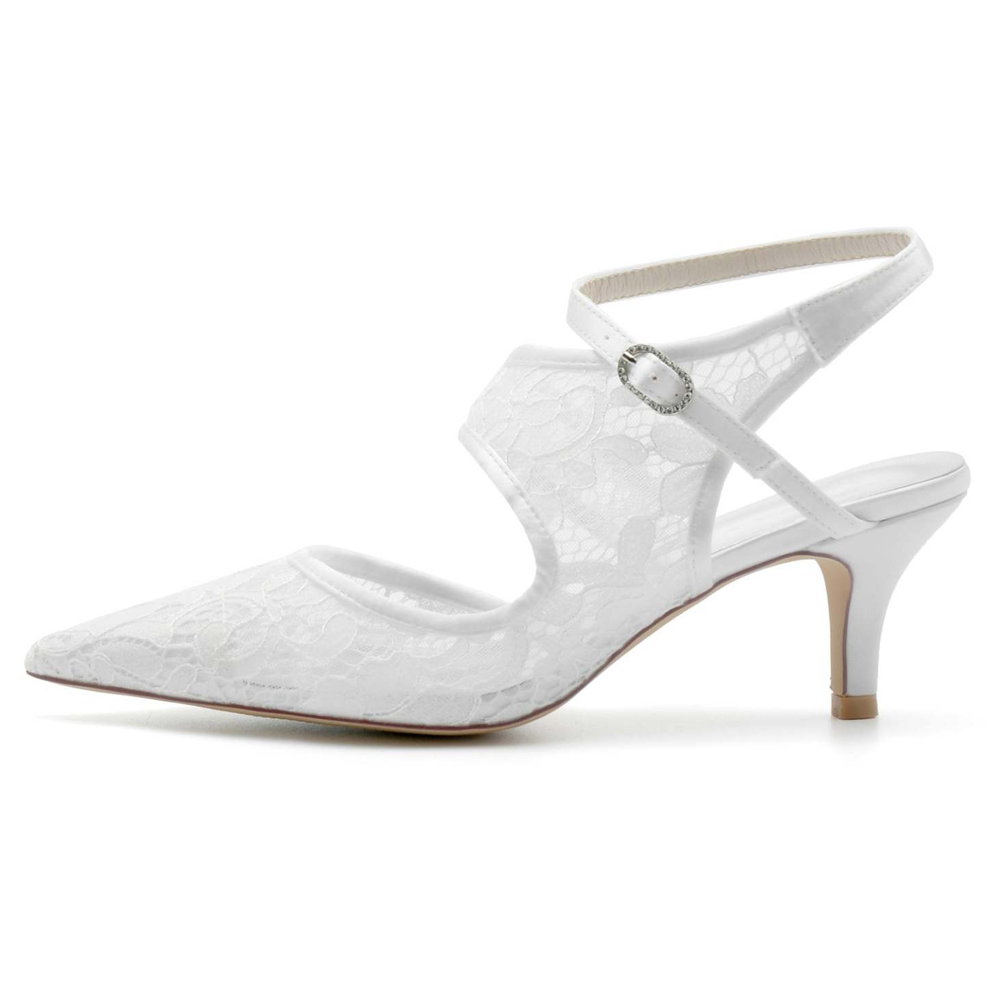 Bridal Shoes for Women with Lace Mesh and Buckle Pointed Toe Mid Heel