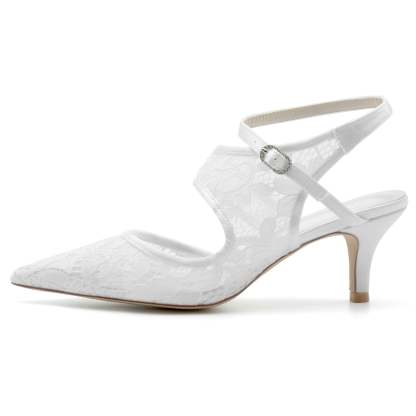 Bridal Shoes for Women with Lace Mesh and Buckle Pointed Toe Mid Heel