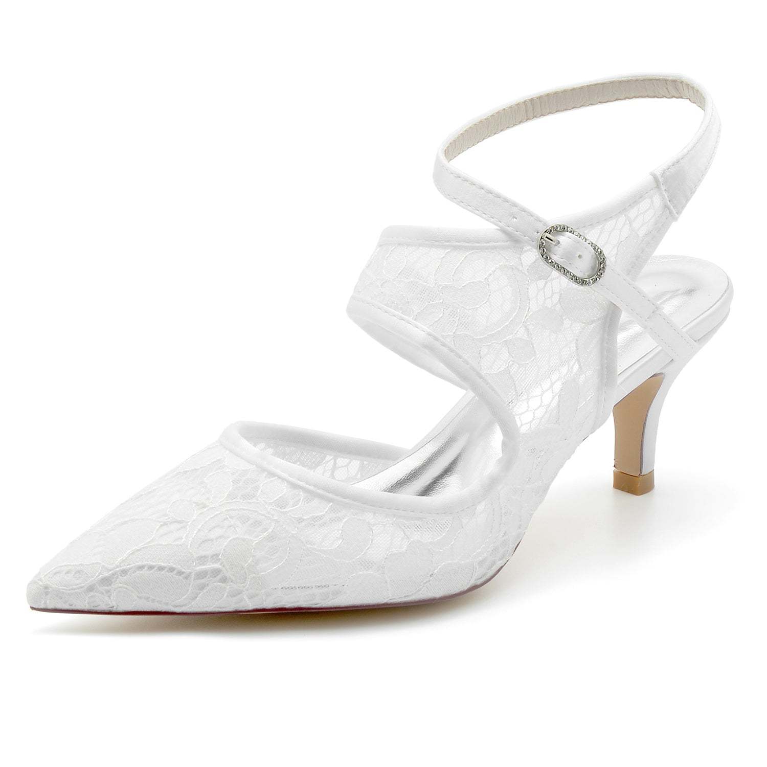 Bridal Shoes for Women with Lace Mesh and Buckle Pointed Toe Mid Heel