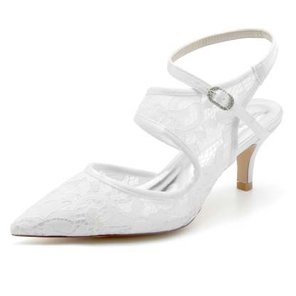 Bridal Shoes for Women with Lace Mesh and Buckle Pointed Toe Mid Heel