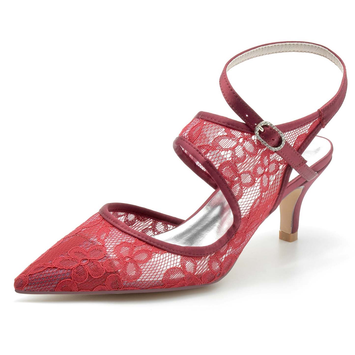 Bridal Shoes for Women with Lace Mesh and Buckle Pointed Toe Mid Heel