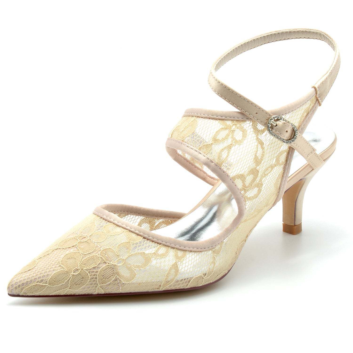 Bridal Shoes for Women with Lace Mesh and Buckle Pointed Toe Mid Heel