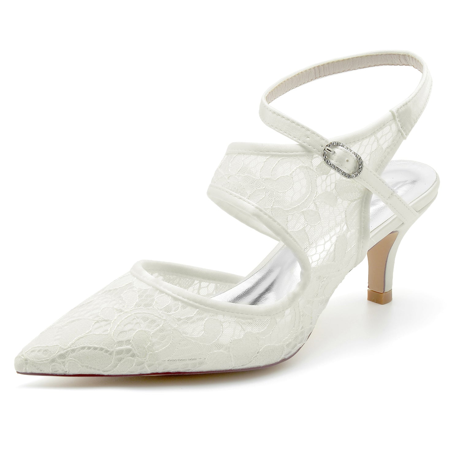 Bridal Shoes for Women with Lace Mesh and Buckle Pointed Toe Mid Heel