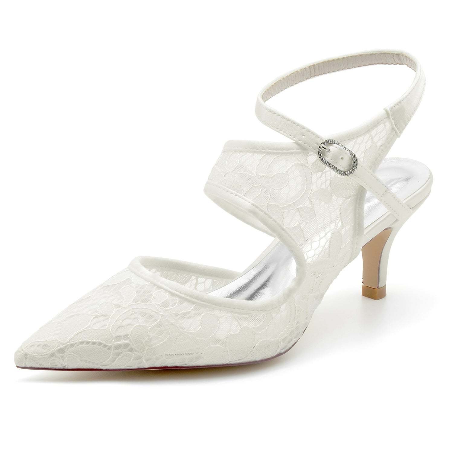 Bridal Shoes for Women with Lace Mesh and Buckle Pointed Toe Mid Heel