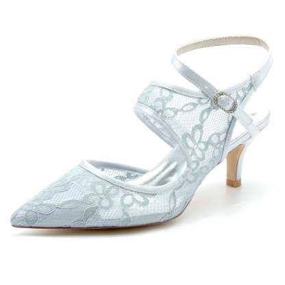 Bridal Shoes for Women with Lace Mesh and Buckle Pointed Toe Mid Heel